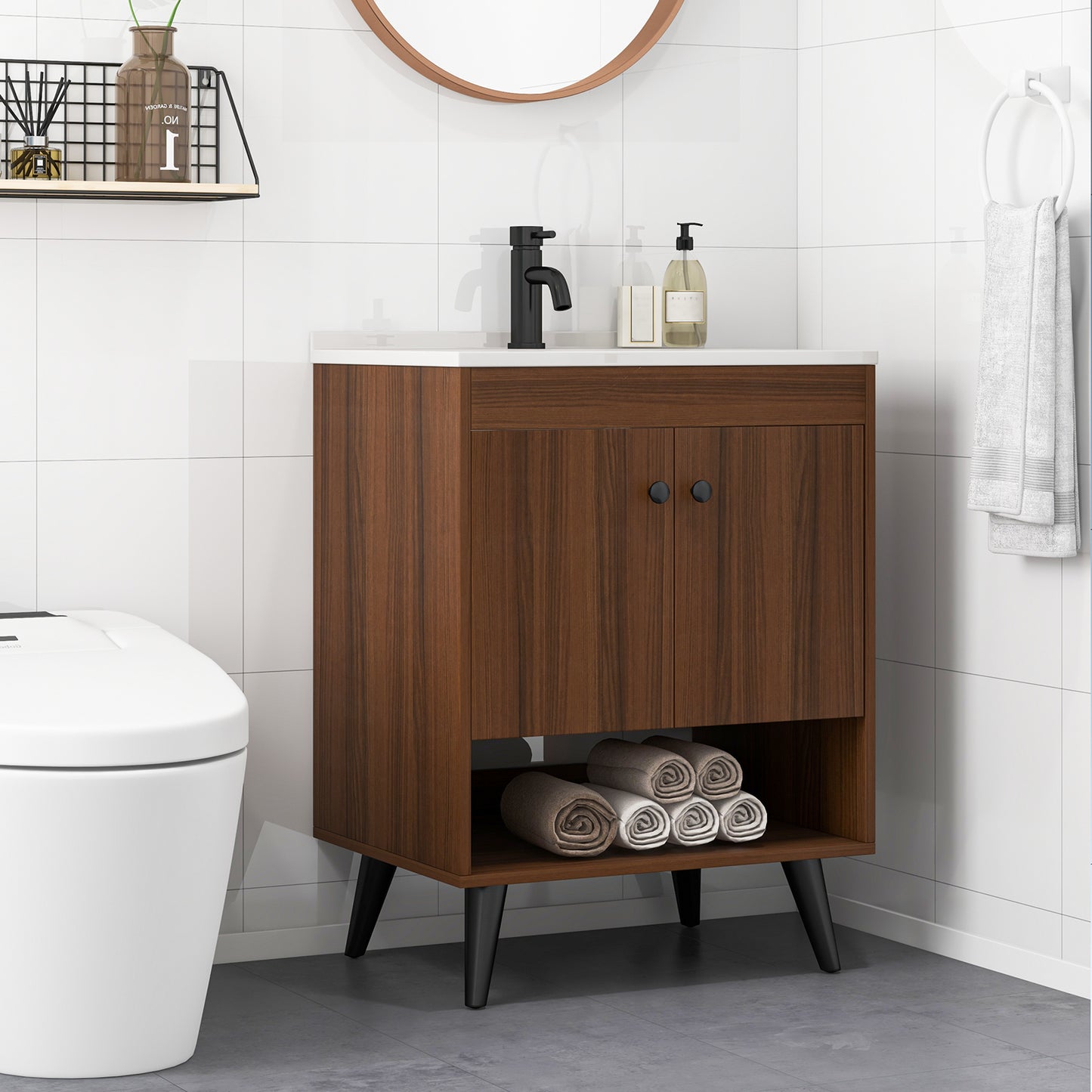 25 Inch Walnut Bathroom Vanity with Sink and Storage Cabinet