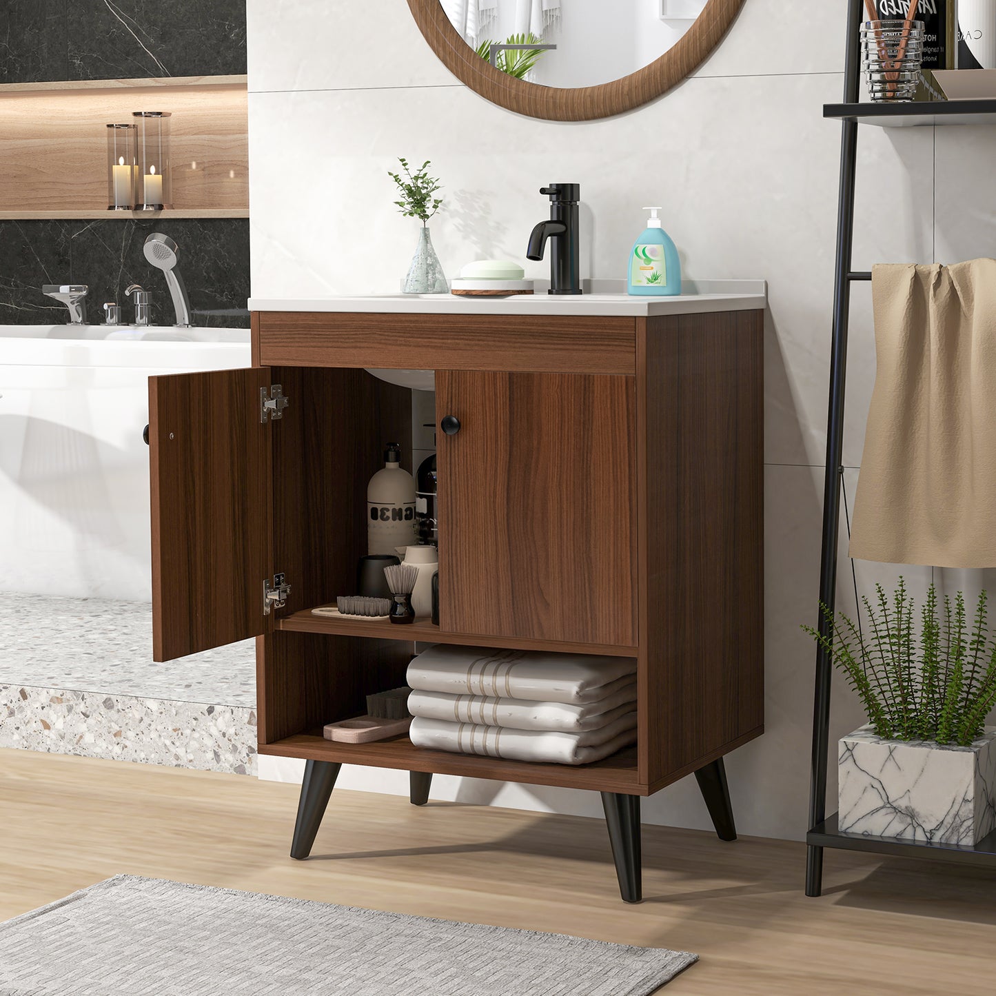 25 Inch Walnut Bathroom Vanity with Sink and Storage Cabinet