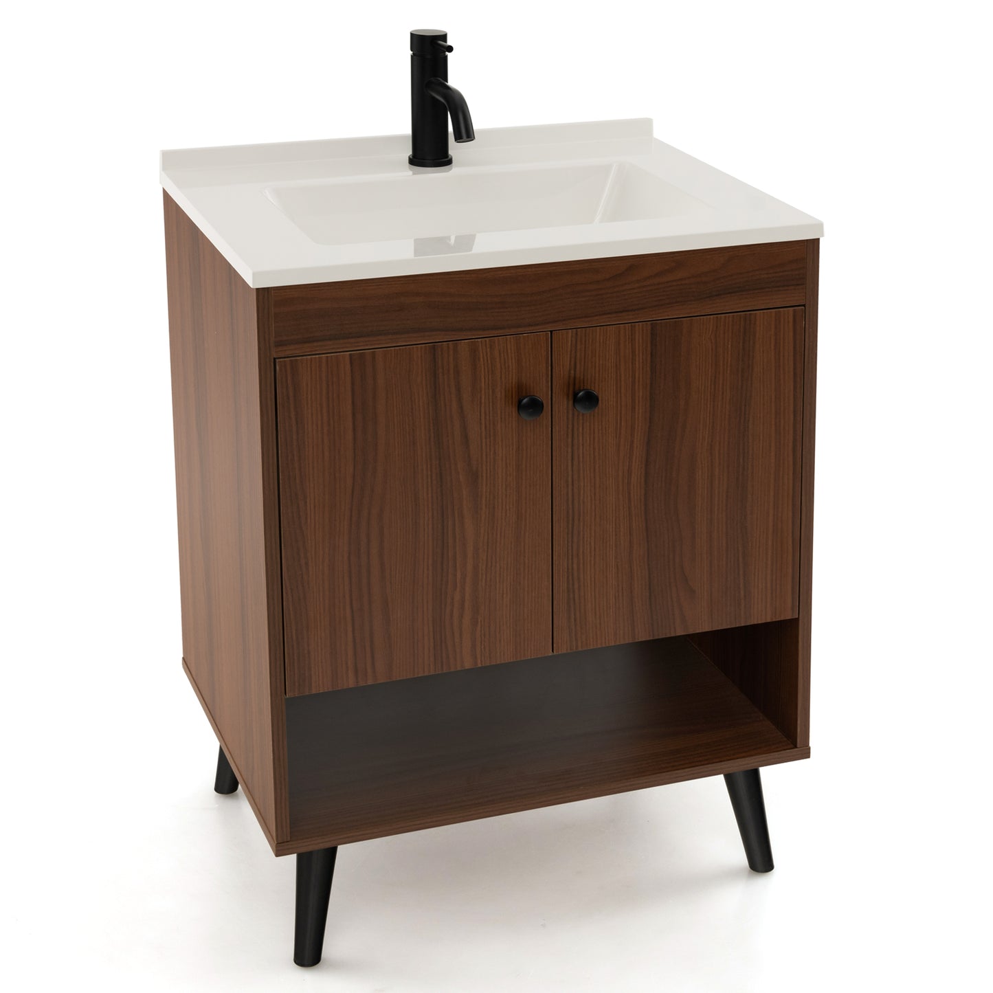 25 Inch Walnut Bathroom Vanity with Sink and Storage Cabinet