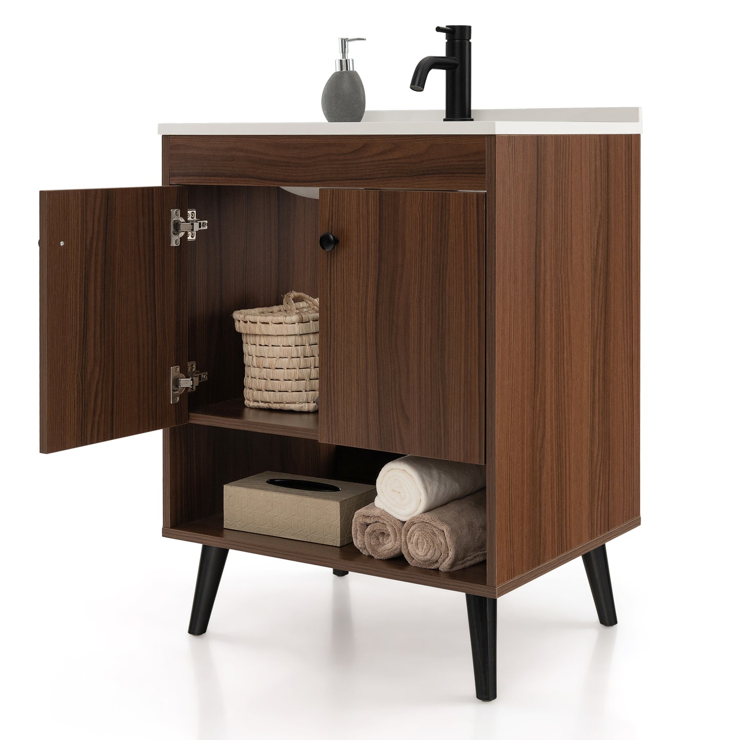 25 Inch Walnut Bathroom Vanity with Sink and Storage Cabinet