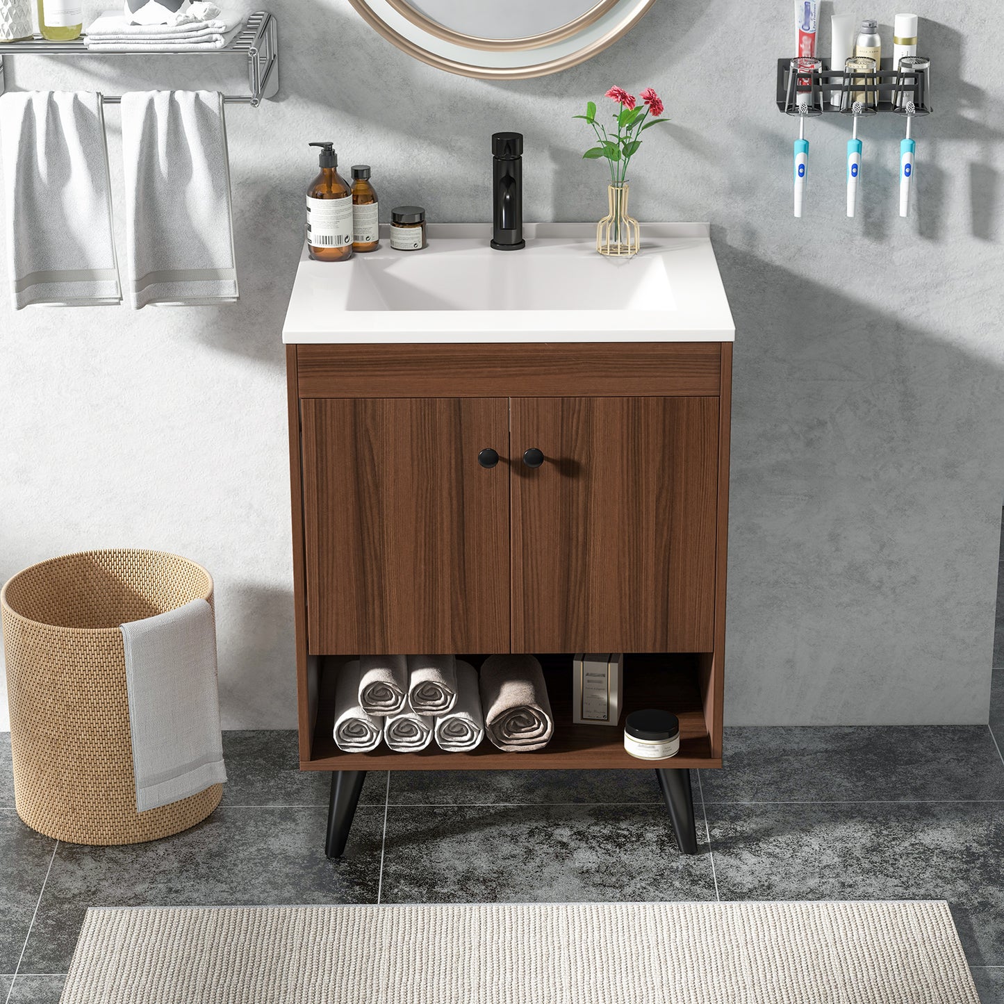 25 Inch Walnut Bathroom Vanity with Sink and Storage Cabinet