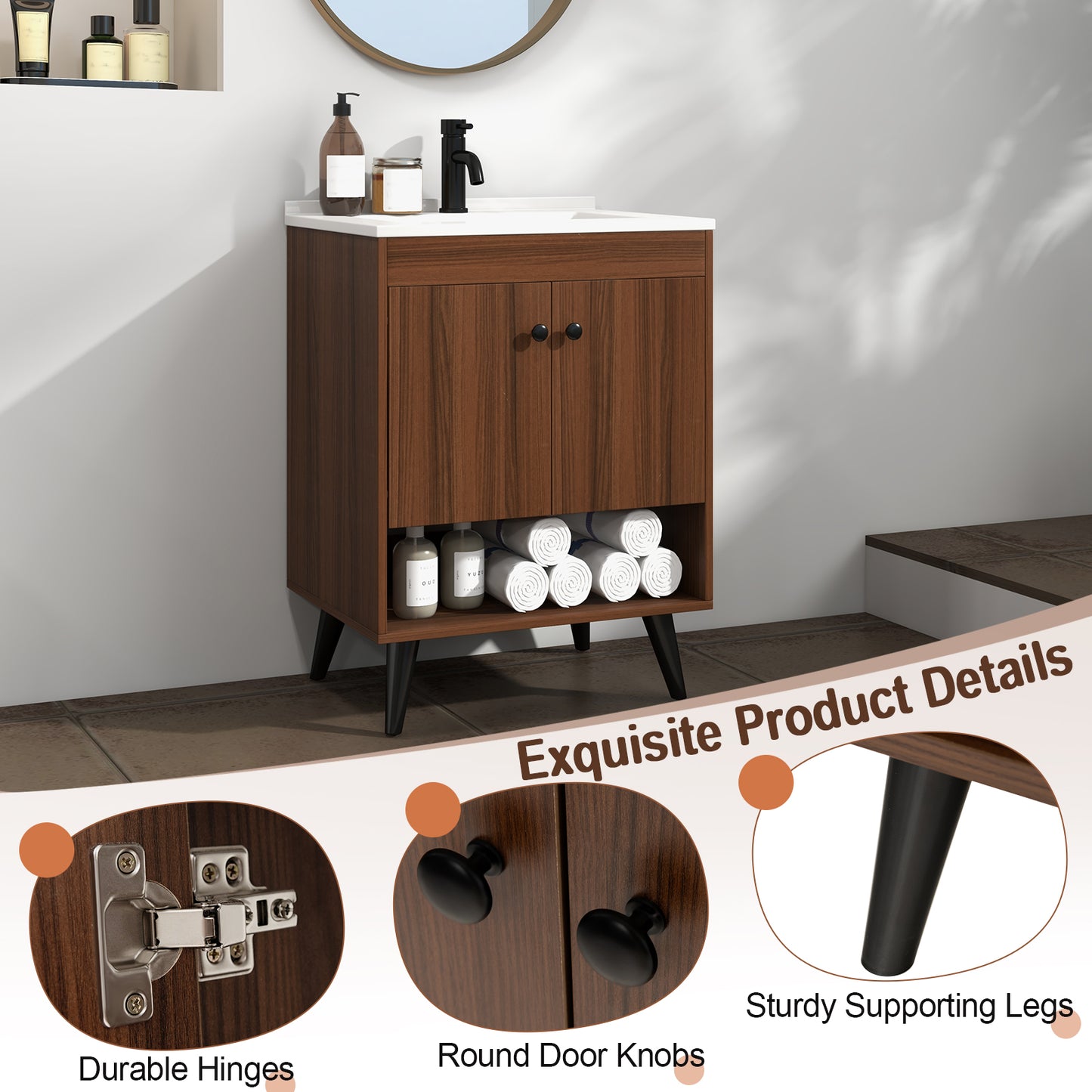 25 Inch Walnut Bathroom Vanity with Sink and Storage Cabinet