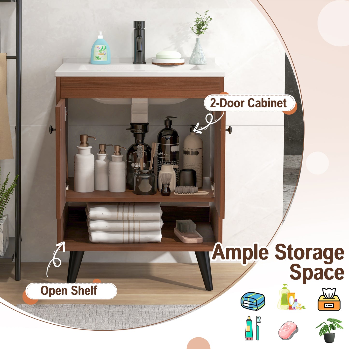 25 Inch Walnut Bathroom Vanity with Sink and Storage Cabinet