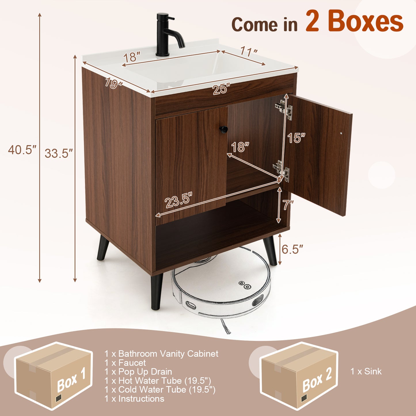 25 Inch Walnut Bathroom Vanity with Sink and Storage Cabinet