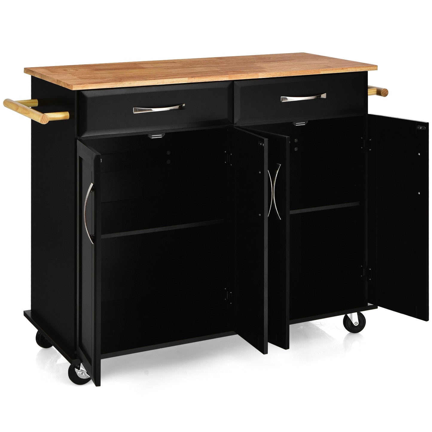 Rolling Kitchen Island Cart with 4 Doors Drawers Towel Racks and Storage Cabinet - Black