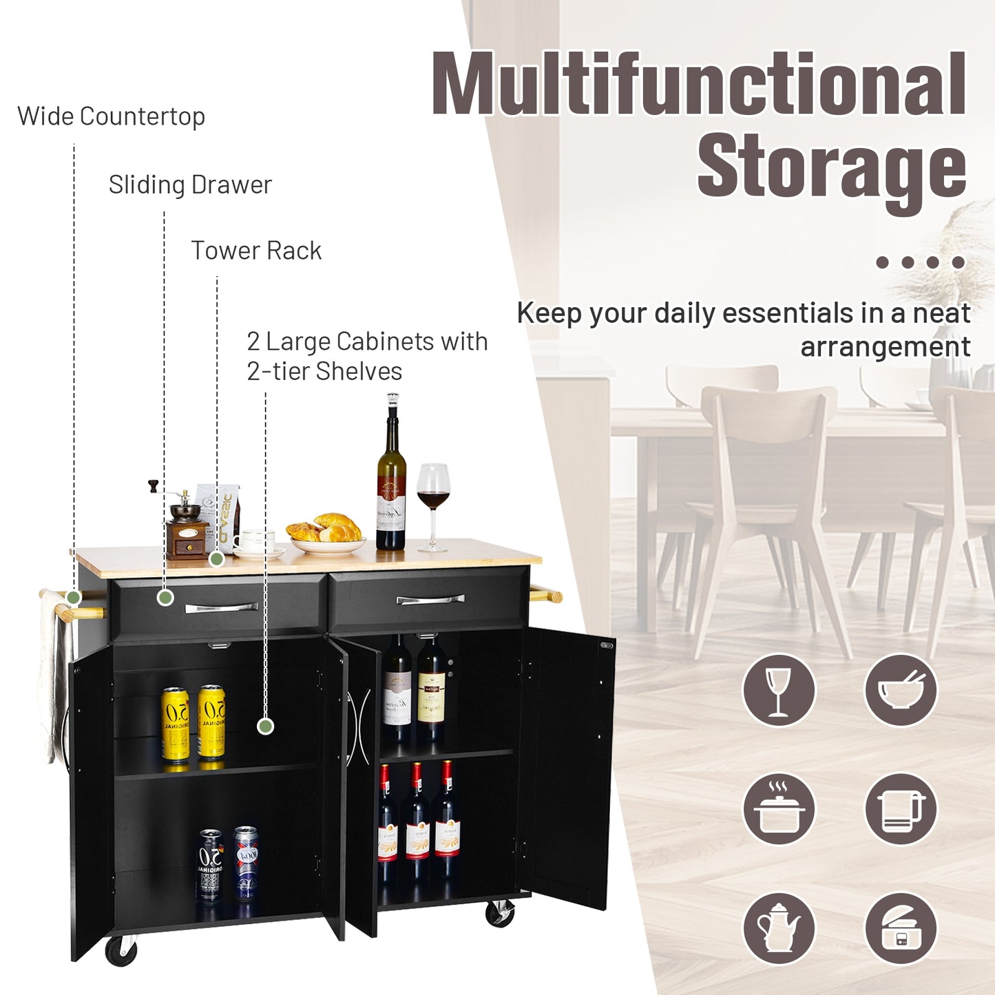 Rolling Kitchen Island Cart with 4 Doors Drawers Towel Racks and Storage Cabinet - Black