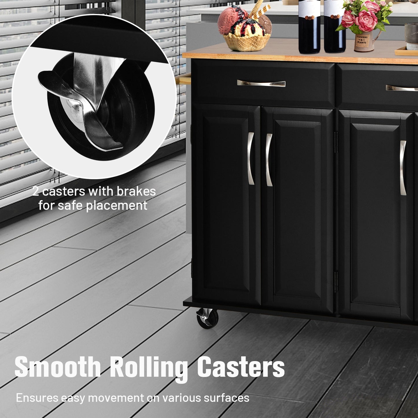 Rolling Kitchen Island Cart with 4 Doors Drawers Towel Racks and Storage Cabinet - Black
