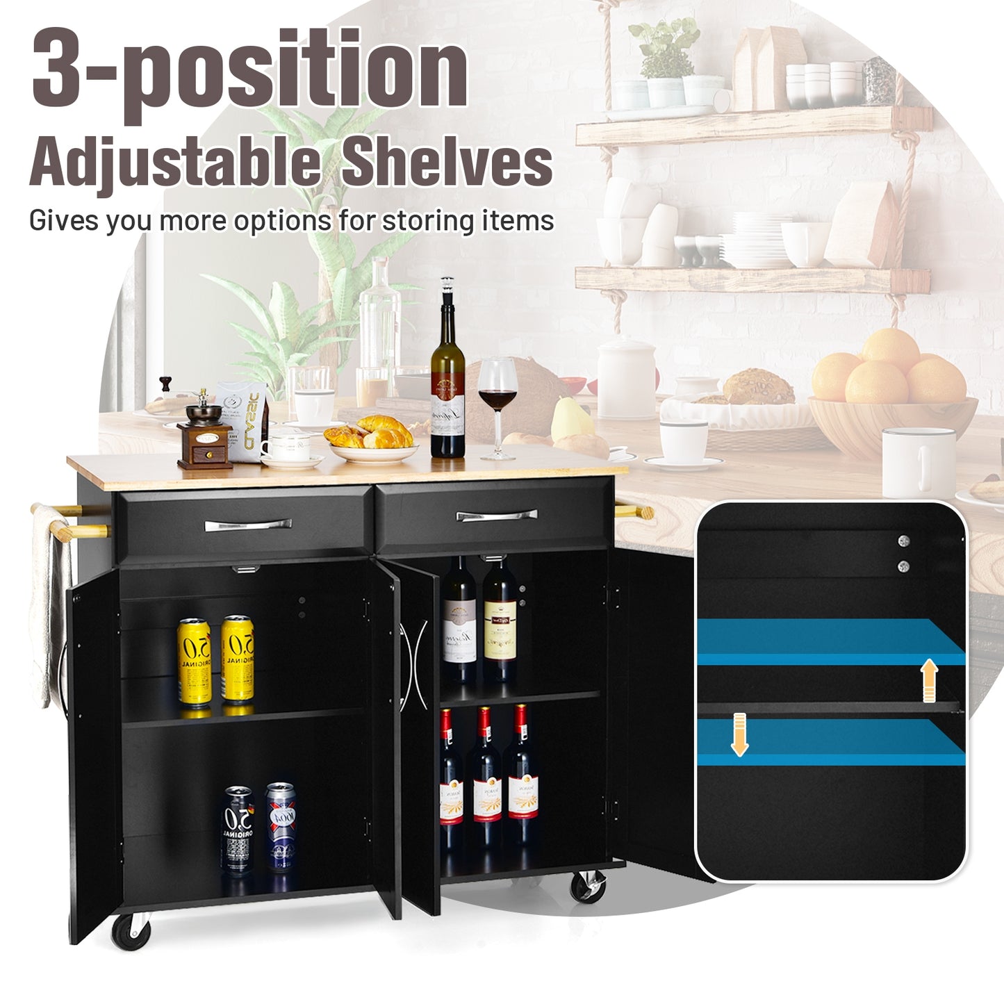 Rolling Kitchen Island Cart with 4 Doors Drawers Towel Racks and Storage Cabinet - Black