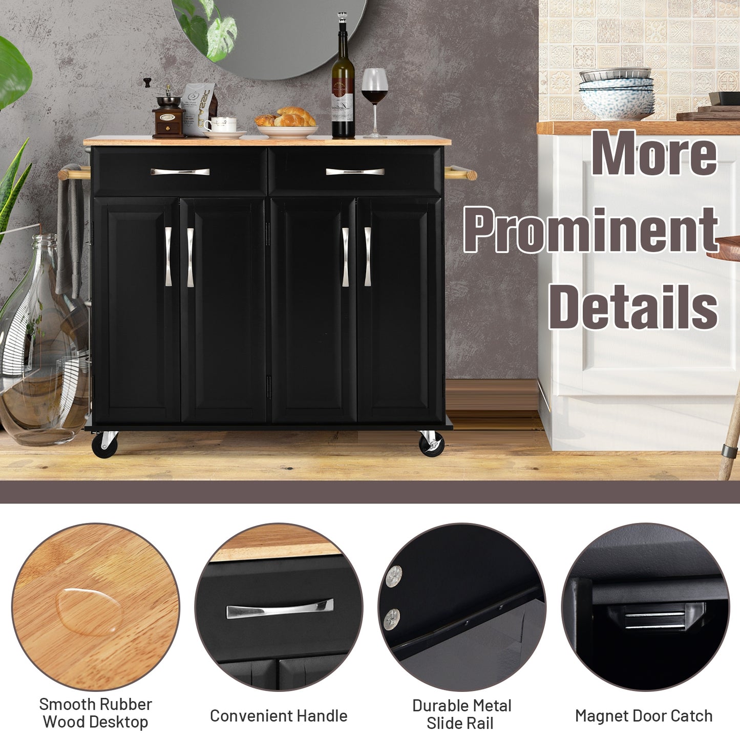 Rolling Kitchen Island Cart with 4 Doors Drawers Towel Racks and Storage Cabinet - Black