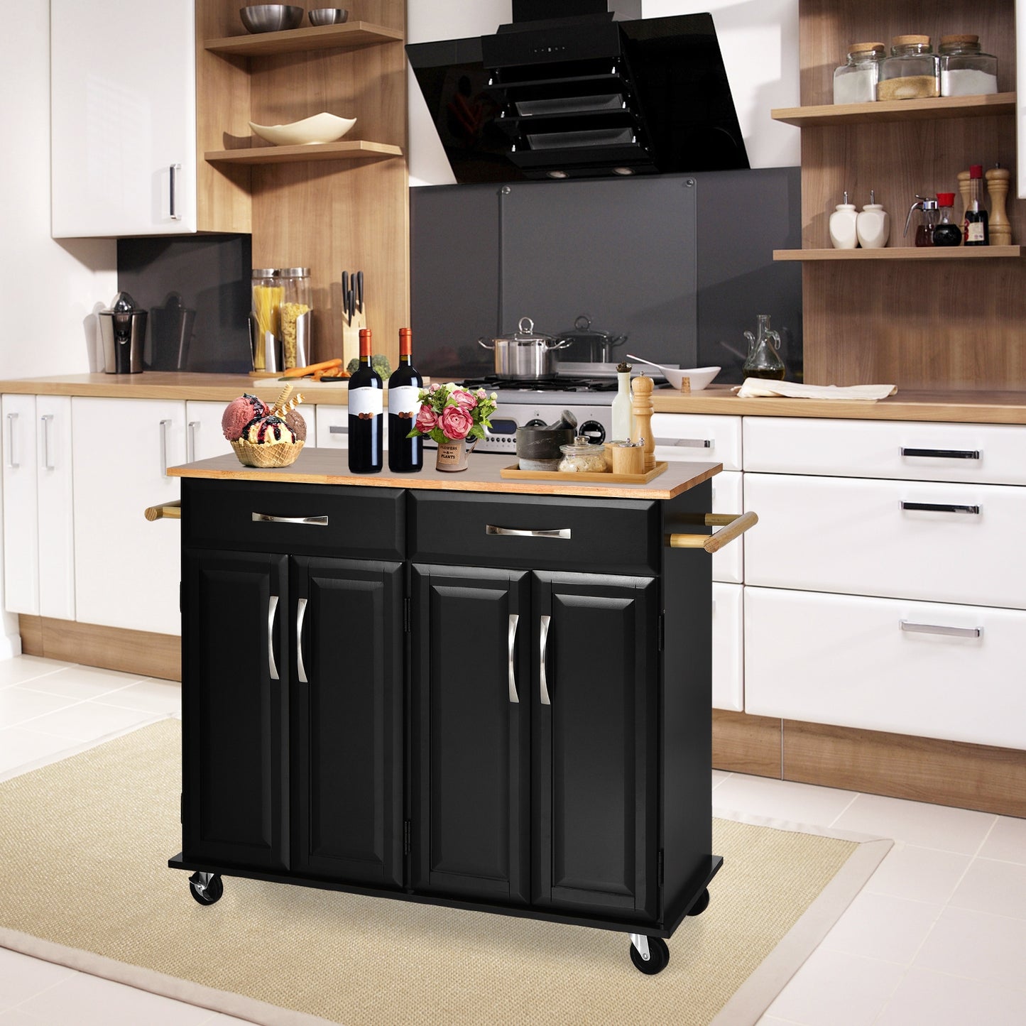 Rolling Kitchen Island Cart with 4 Doors Drawers Towel Racks and Storage Cabinet - Black