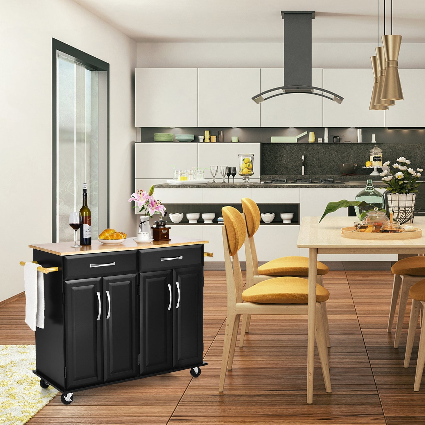 Rolling Kitchen Island Cart with 4 Doors Drawers Towel Racks and Storage Cabinet - Black