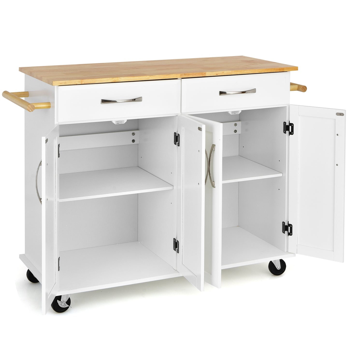 Rolling Kitchen Island Cart with 4 Doors Drawers Towel Racks and Storage Cabinet - White