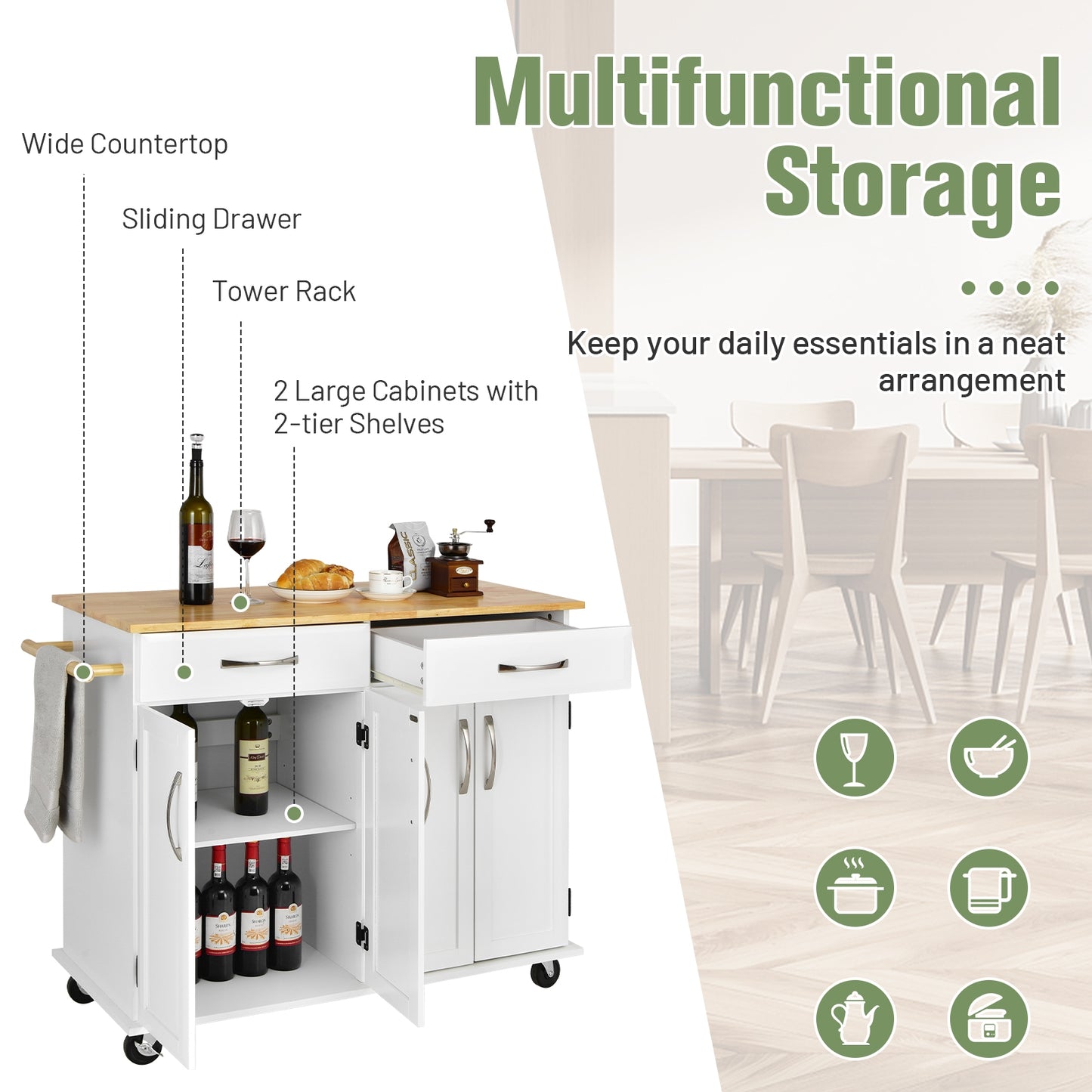 Rolling Kitchen Island Cart with 4 Doors Drawers Towel Racks and Storage Cabinet - White