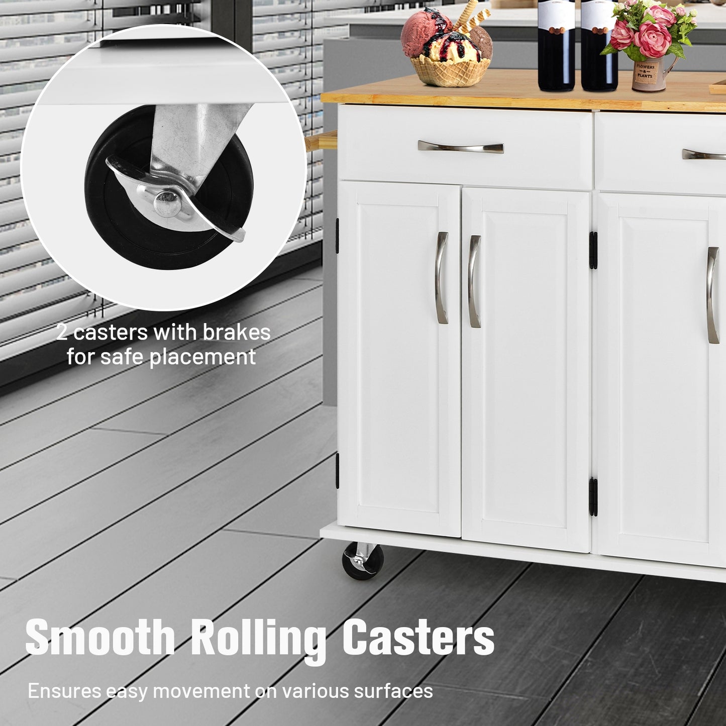 Rolling Kitchen Island Cart with 4 Doors Drawers Towel Racks and Storage Cabinet - White