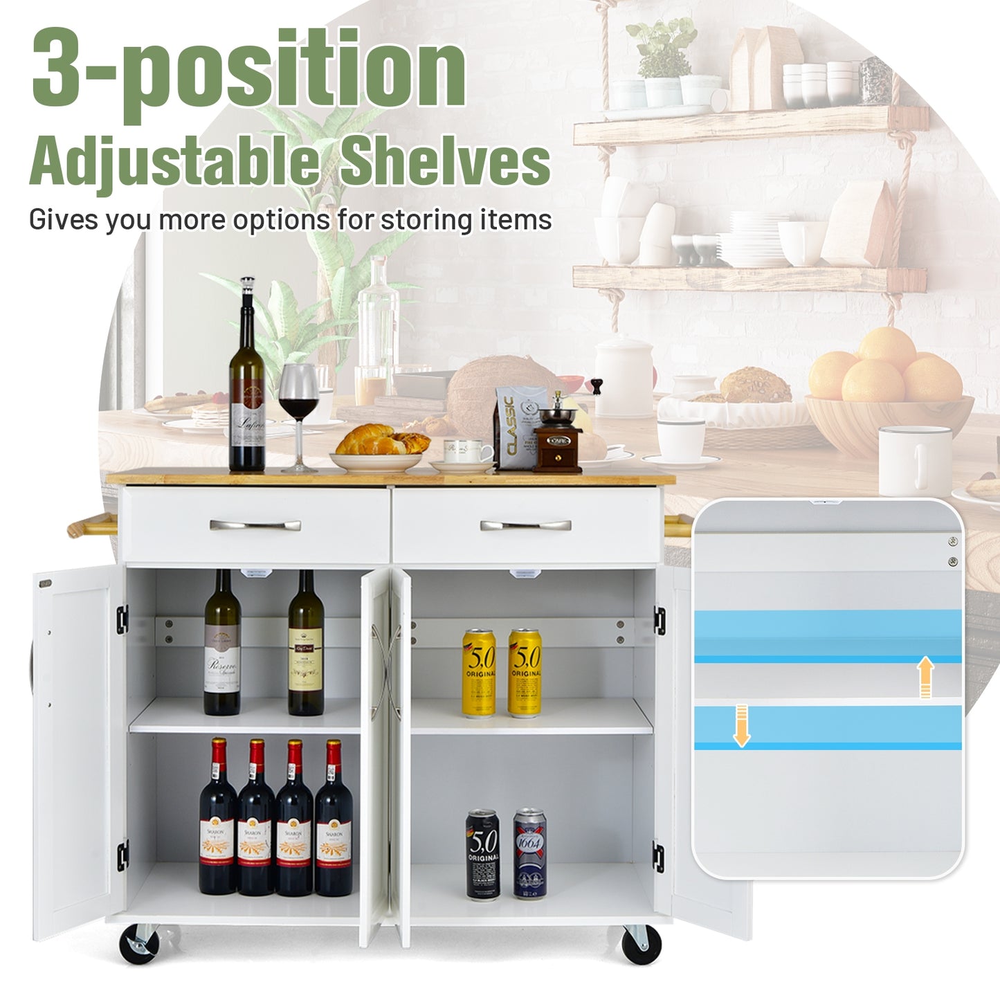 Rolling Kitchen Island Cart with 4 Doors Drawers Towel Racks and Storage Cabinet - White