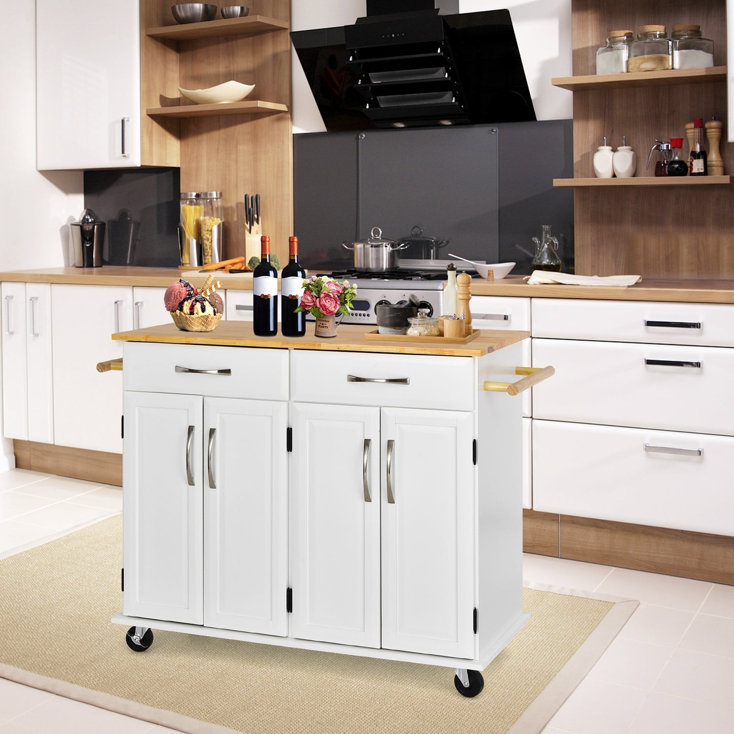 Rolling Kitchen Island Cart with 4 Doors Drawers Towel Racks and Storage Cabinet - White