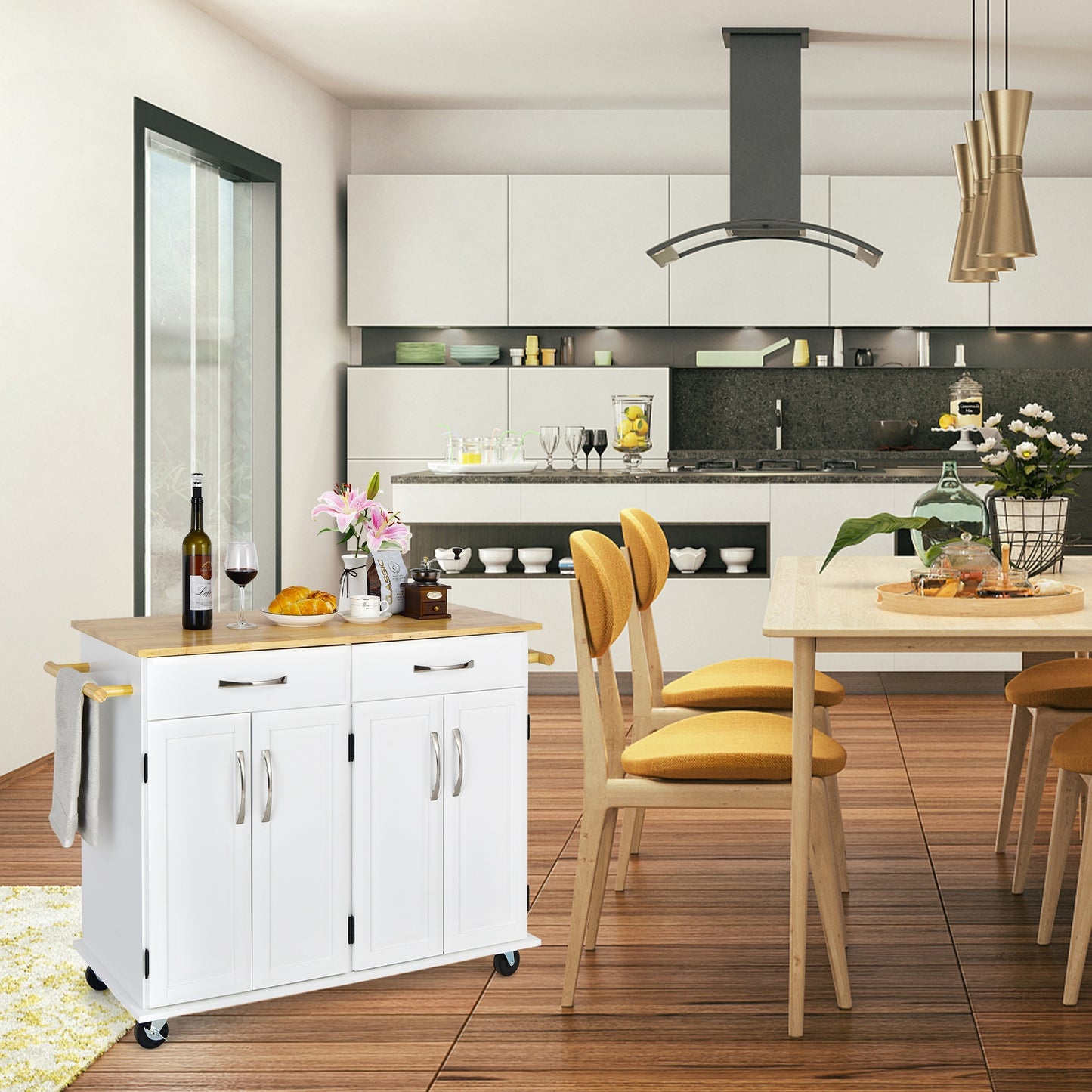 Rolling Kitchen Island Cart with 4 Doors Drawers Towel Racks and Storage Cabinet - White