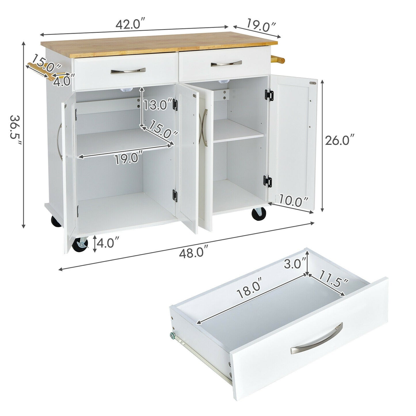 Rolling Kitchen Island Cart with 4 Doors Drawers Towel Racks and Storage Cabinet - White