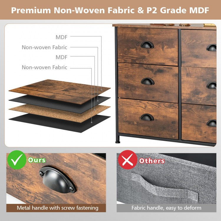 6 Drawer Storage Chest with Fabric Bins and Wood Top in Rustic Brown