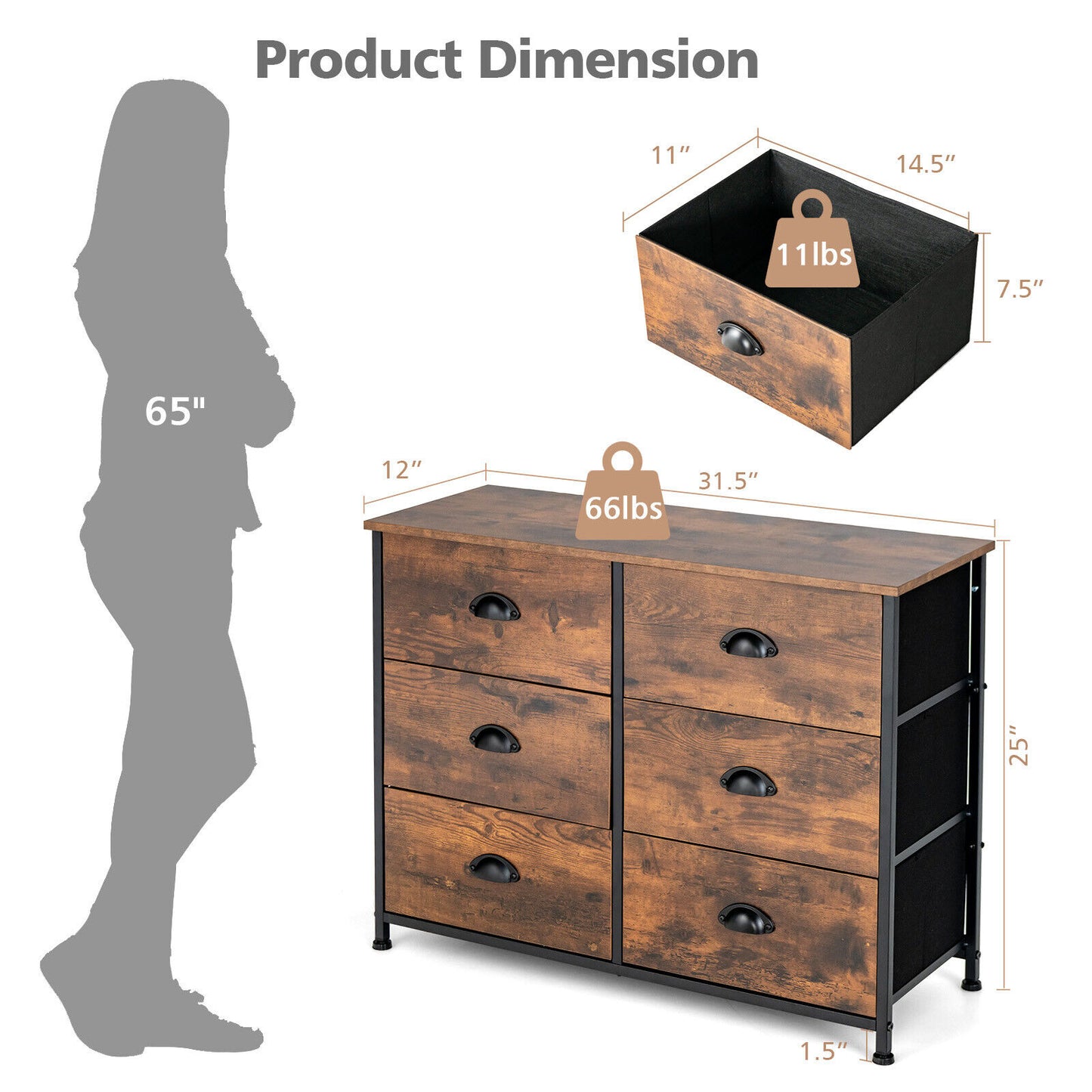 6 Drawer Storage Chest with Fabric Bins and Wood Top in Rustic Brown