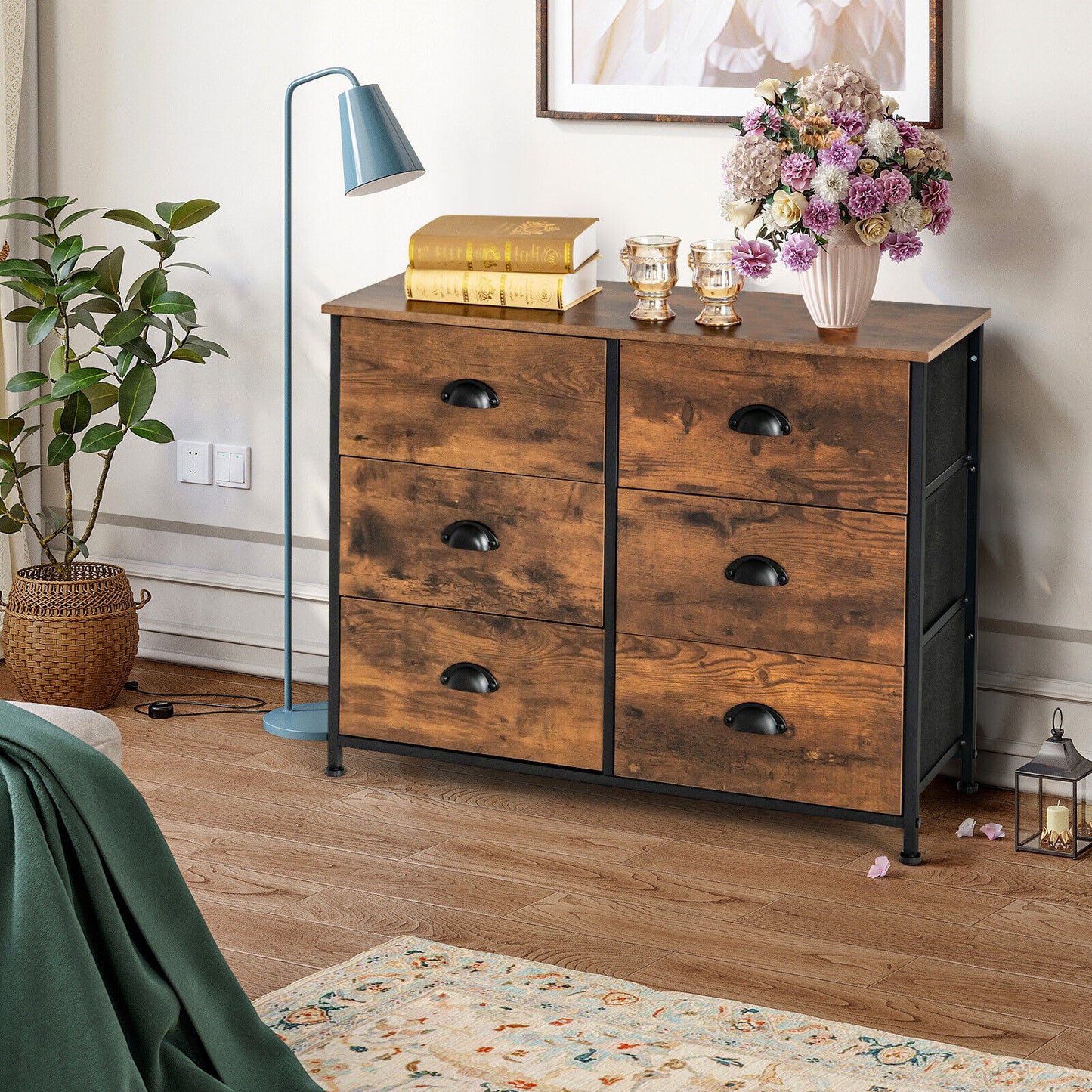 6 Drawer Storage Chest with Fabric Bins and Wood Top in Rustic Brown