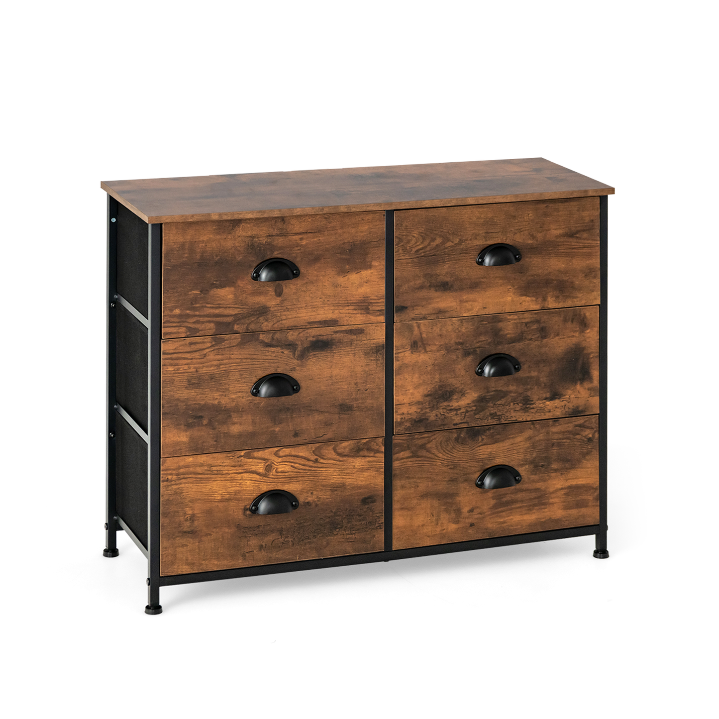 6 Drawer Storage Chest with Fabric Bins and Wood Top in Rustic Brown
