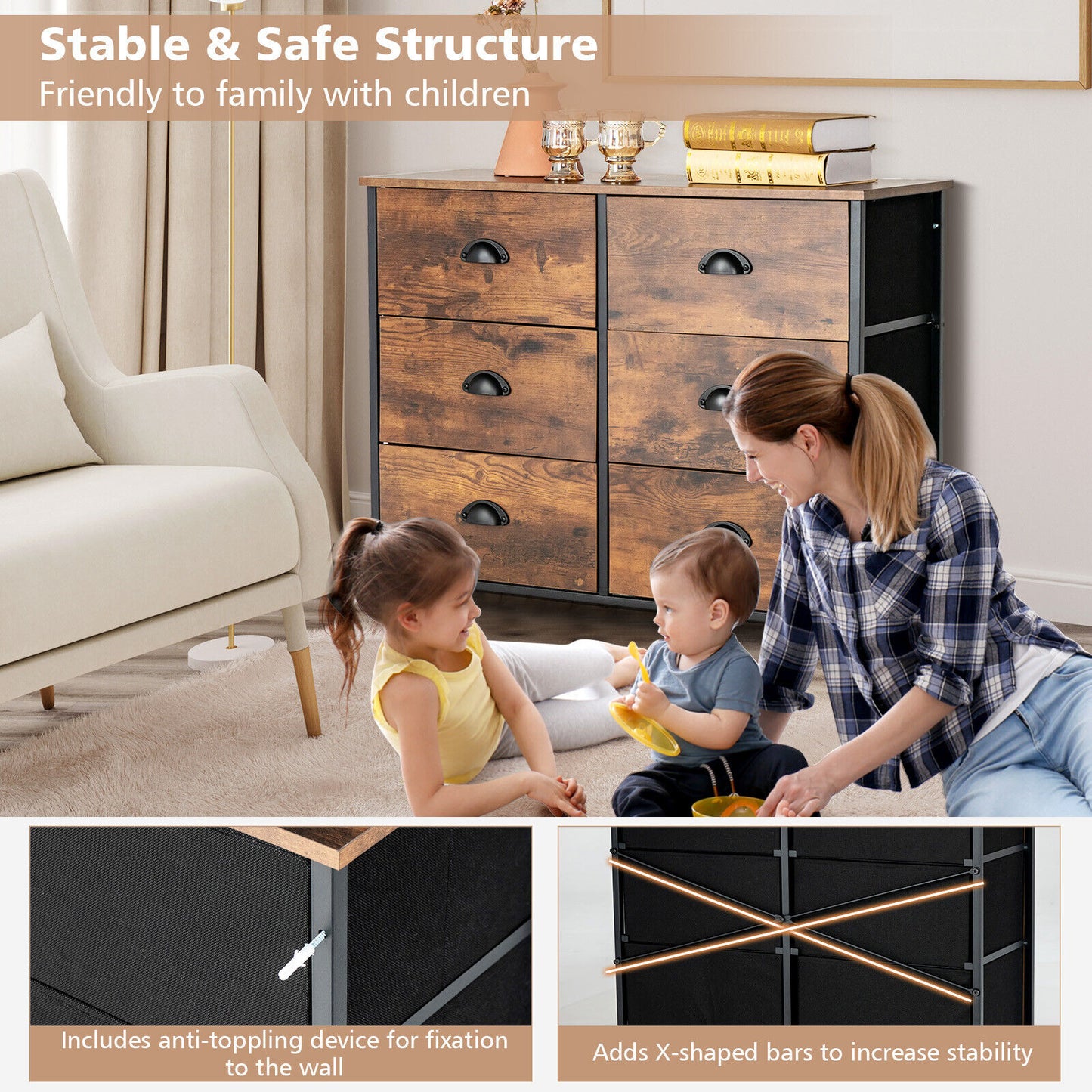 6 Drawer Storage Chest with Fabric Bins and Wood Top in Rustic Brown