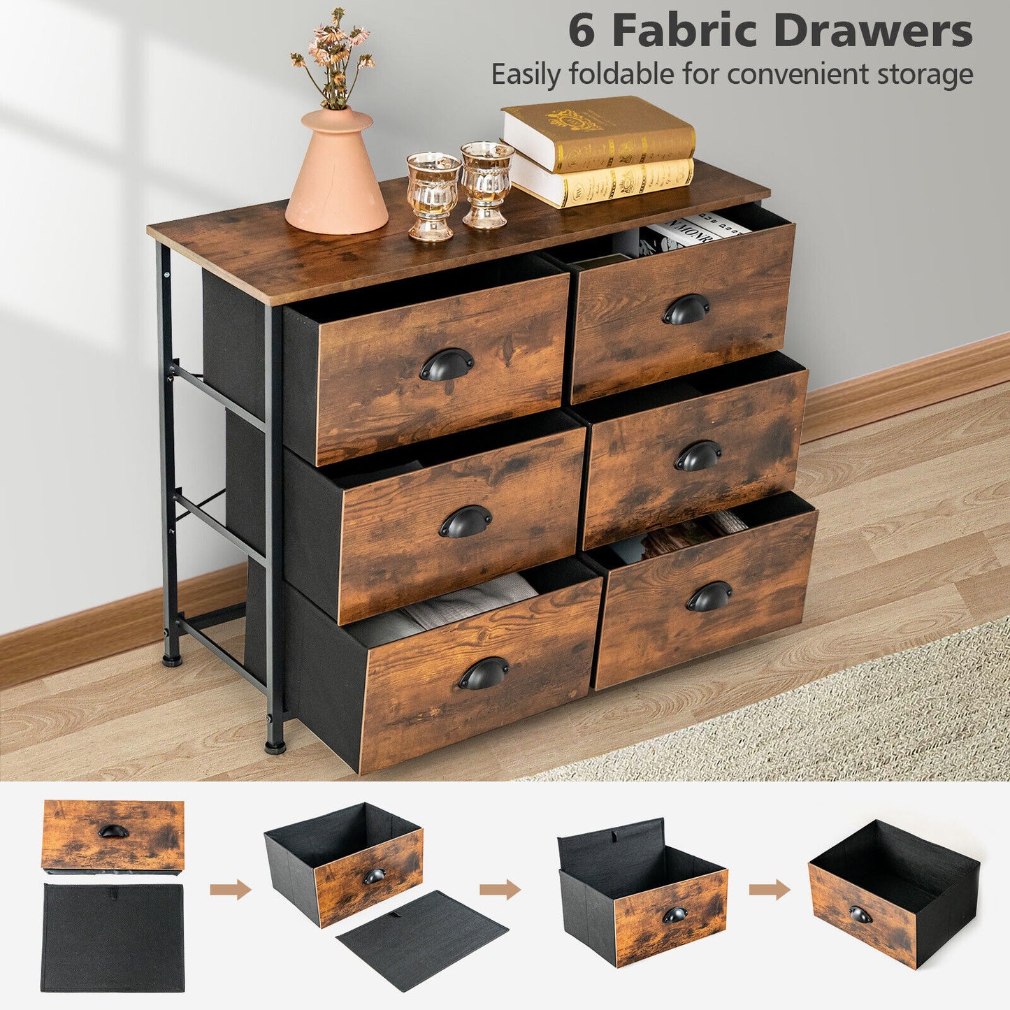 6 Drawer Storage Chest with Fabric Bins and Wood Top in Rustic Brown