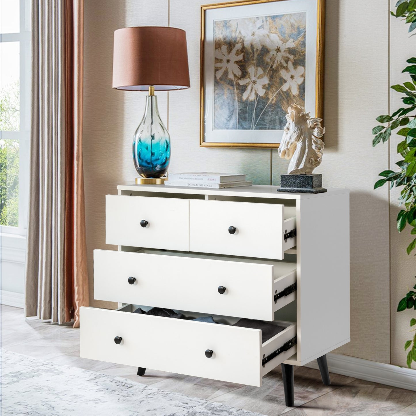 White 4-Drawer Dresser Cabinet with Wide Top and Modern Storage Design for Bedroom or Entryway