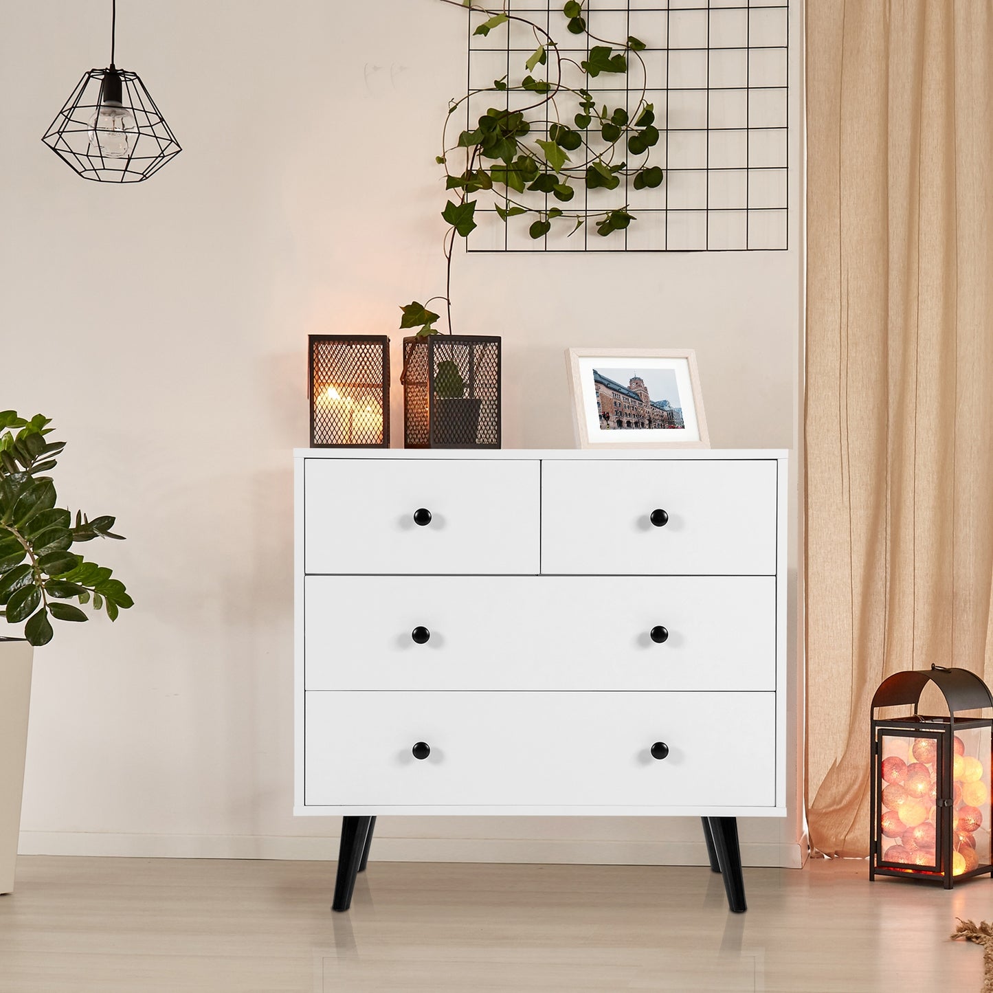 White 4-Drawer Dresser Cabinet with Wide Top and Modern Storage Design for Bedroom or Entryway