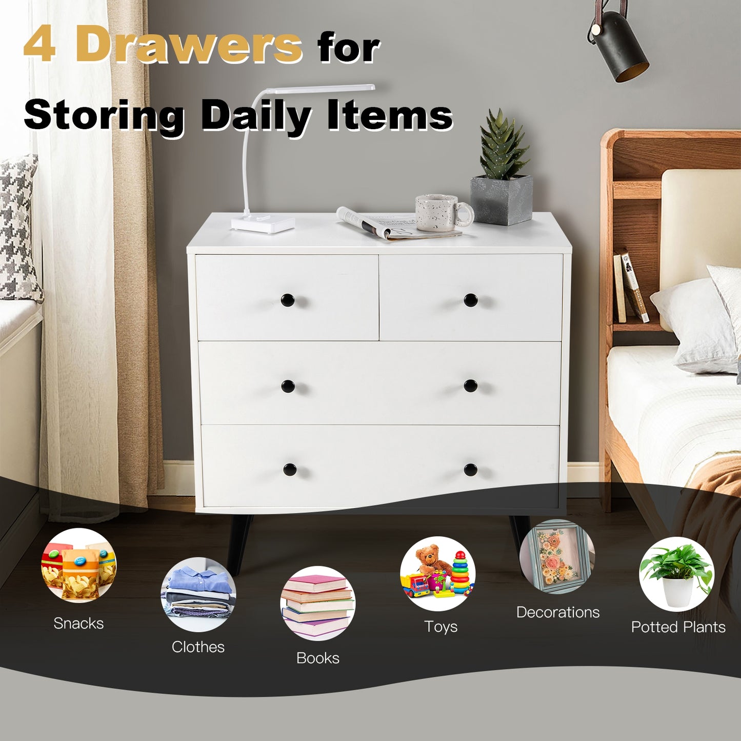 White 4-Drawer Dresser Cabinet with Wide Top and Modern Storage Design for Bedroom or Entryway