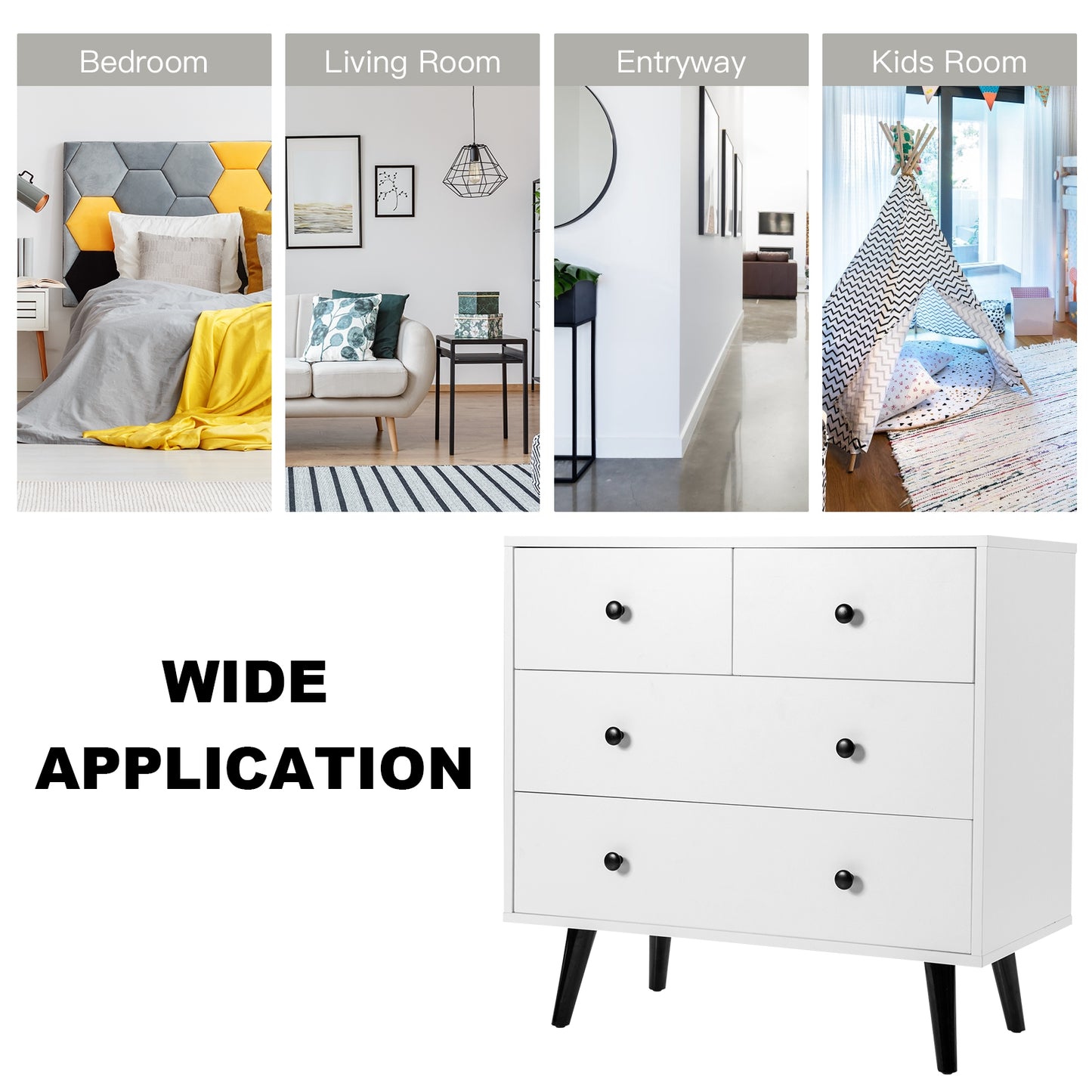White 4-Drawer Dresser Cabinet with Wide Top and Modern Storage Design for Bedroom or Entryway