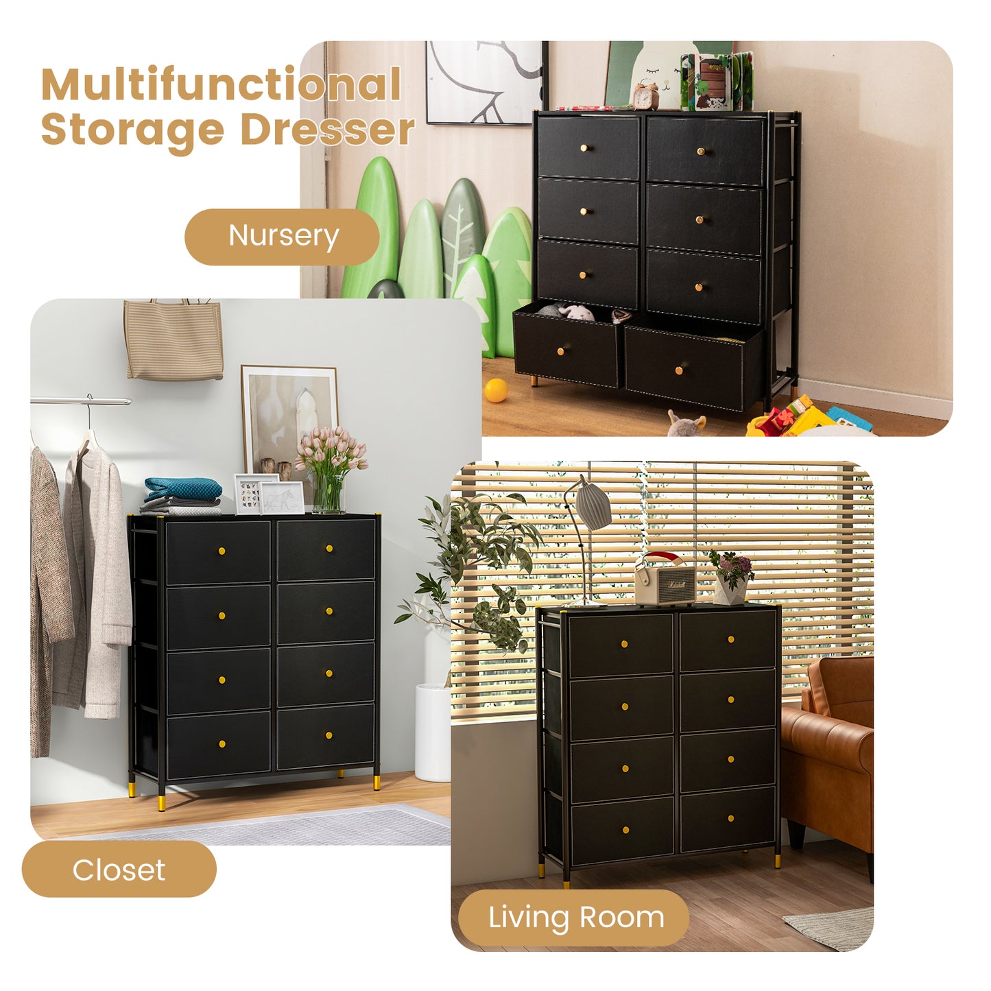 8-Drawer Fabric Dresser Organizer with Metal Frame and Wood Top for Bedroom