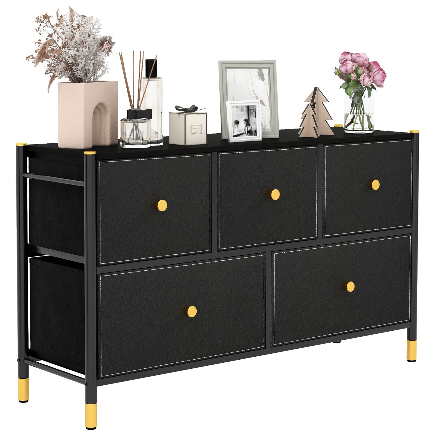 5-Drawer Fabric Dresser Organizer with Metal Frame and Wood Top for Bedroom
