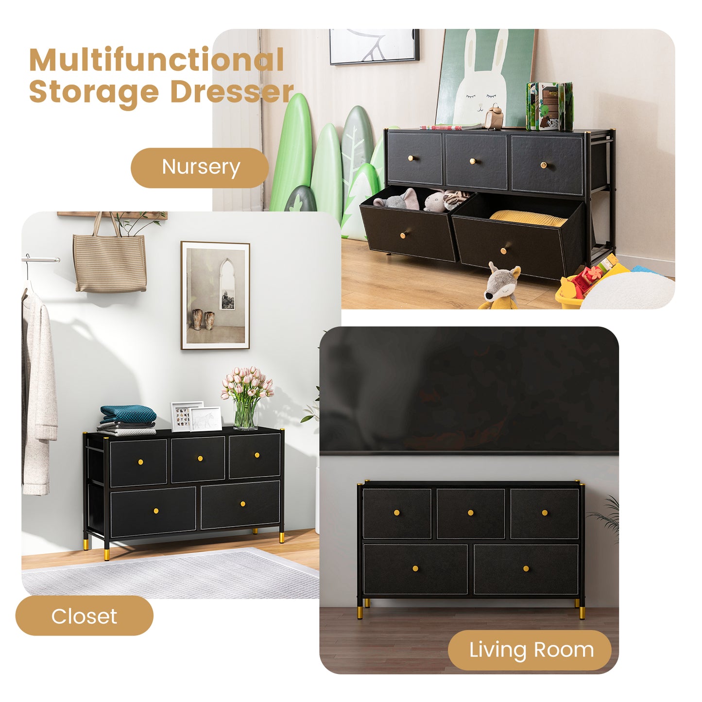 5-Drawer Fabric Dresser Organizer with Metal Frame and Wood Top for Bedroom