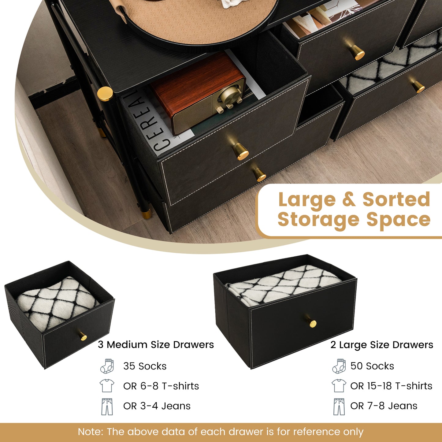 5-Drawer Fabric Dresser Organizer with Metal Frame and Wood Top for Bedroom