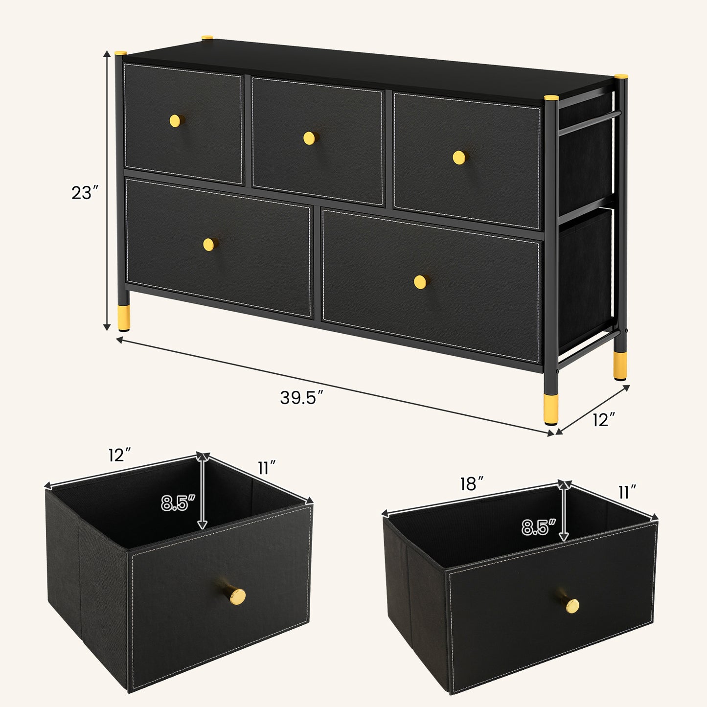 5-Drawer Fabric Dresser Organizer with Metal Frame and Wood Top for Bedroom