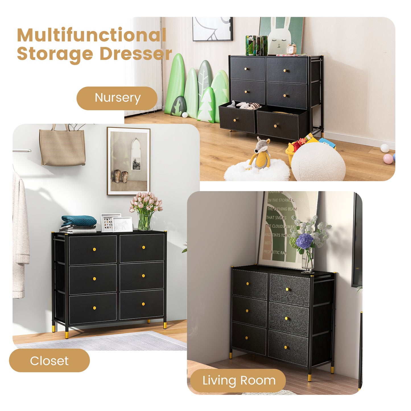 6-Drawer Fabric Dresser Organizer with Metal Frame and Wood Top for Bedroom