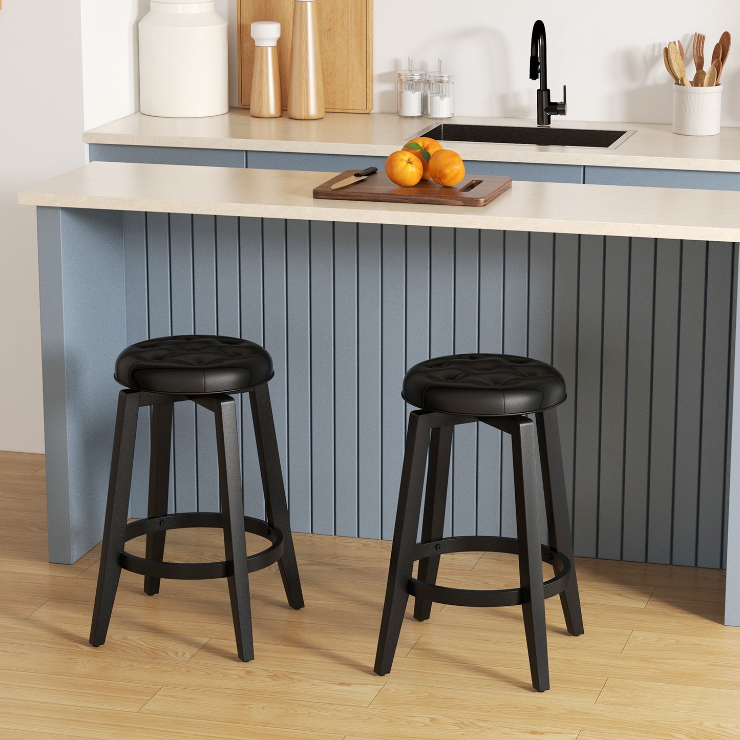 Swivel Upholstered Bar Chairs Set of 2 with Footrest and Solid Rubberwood Frame in Black, 24 Inch