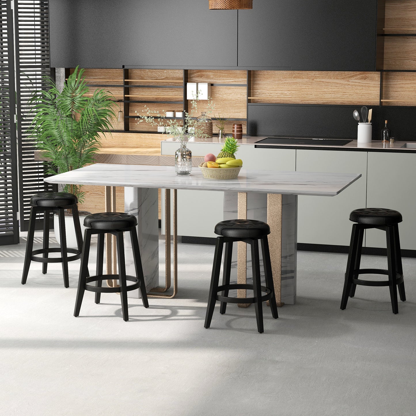 Swivel Upholstered Bar Chairs Set of 2 with Footrest and Solid Rubberwood Frame in Black, 24 Inch
