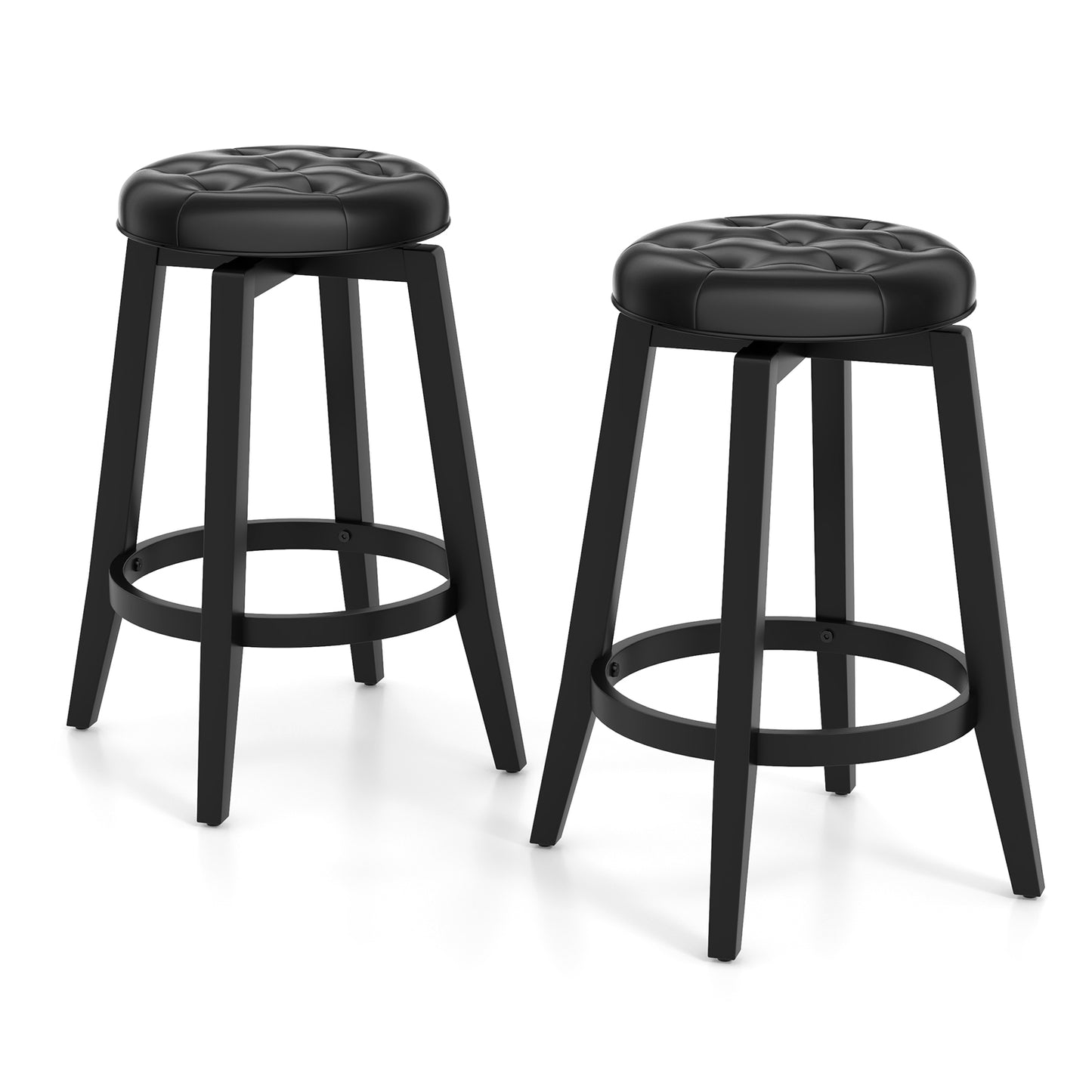 Swivel Upholstered Bar Chairs Set of 2 with Footrest and Solid Rubberwood Frame in Black, 24 Inch