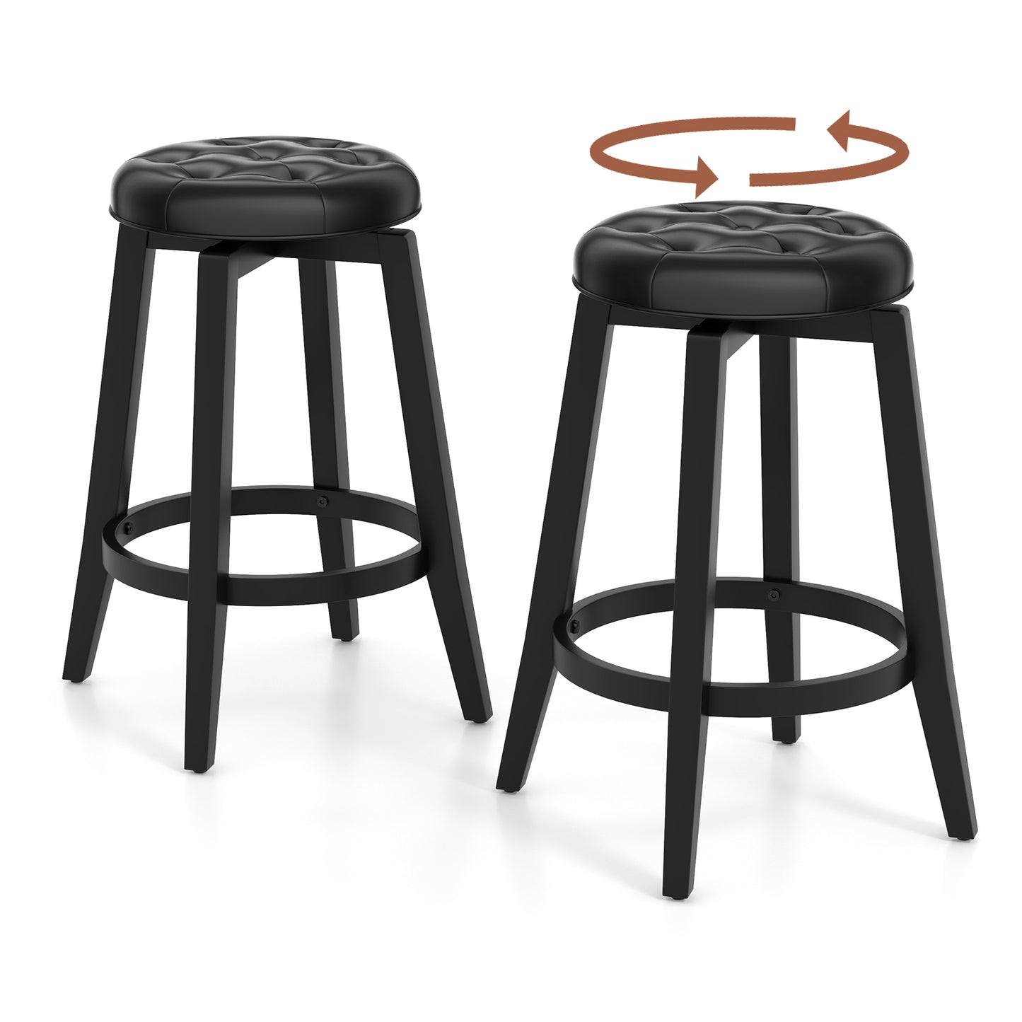 Swivel Upholstered Bar Chairs Set of 2 with Footrest and Solid Rubberwood Frame in Black, 24 Inch