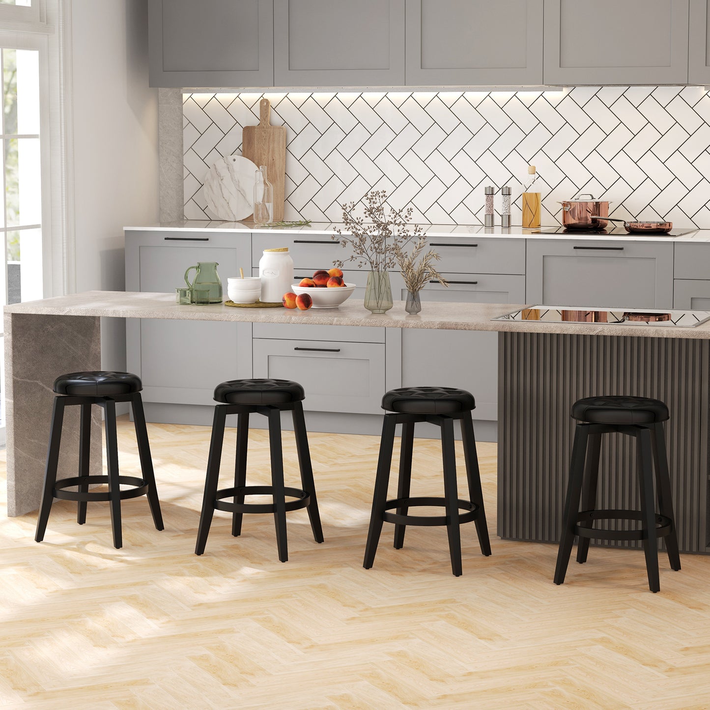 Swivel Upholstered Bar Chairs Set of 2 with Footrest and Solid Rubberwood Frame in Black, 24 Inch