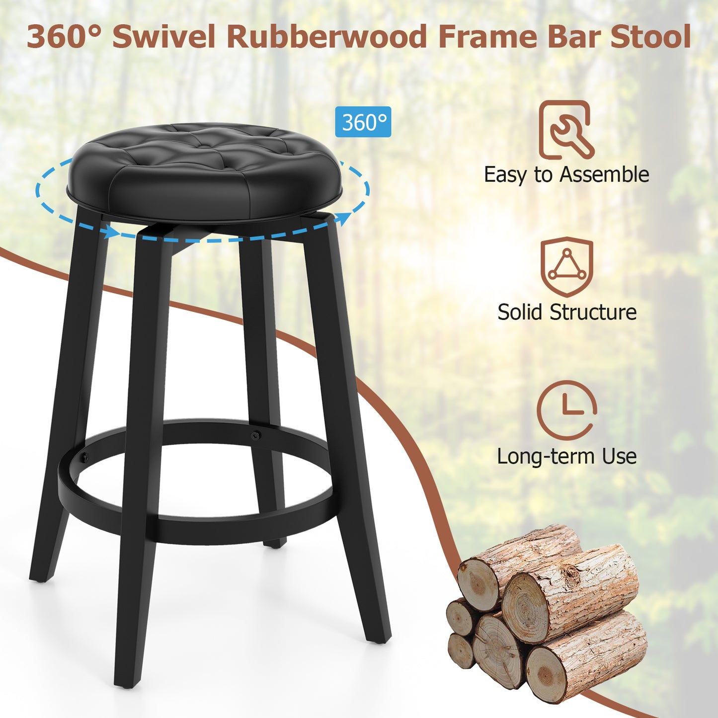 Swivel Upholstered Bar Chairs Set of 2 with Footrest and Solid Rubberwood Frame in Black, 24 Inch