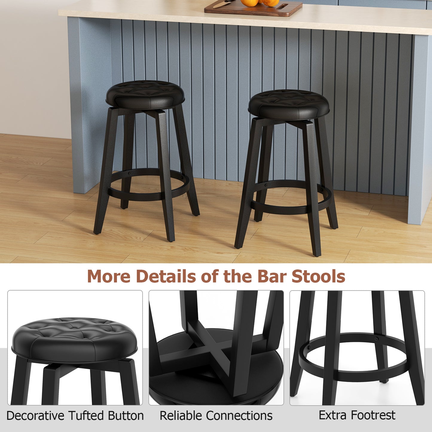 Swivel Upholstered Bar Chairs Set of 2 with Footrest and Solid Rubberwood Frame in Black, 24 Inch
