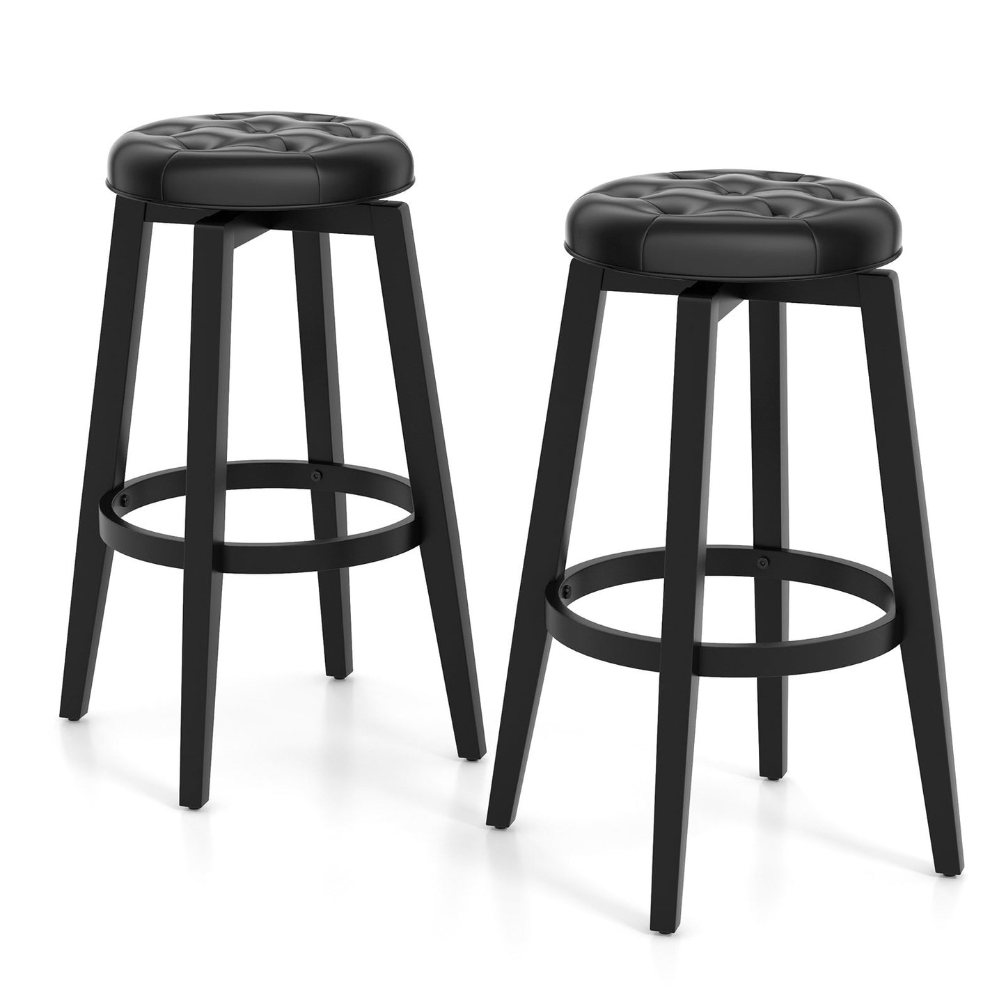 Swivel Upholstered Bar Chairs Set of 2 with Footrest and Solid Rubberwood Frame in Black, 29 Inch