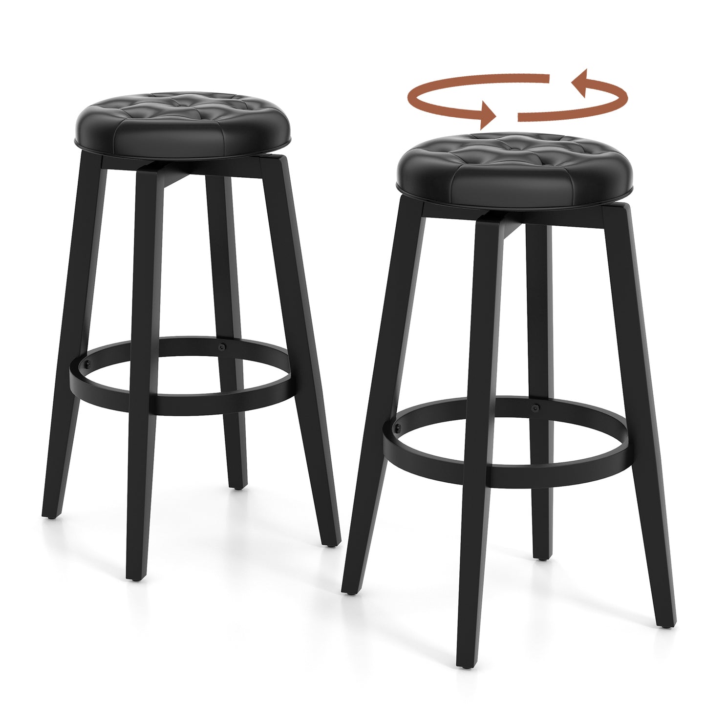 Swivel Upholstered Bar Chairs Set of 2 with Footrest and Solid Rubberwood Frame in Black, 29 Inch