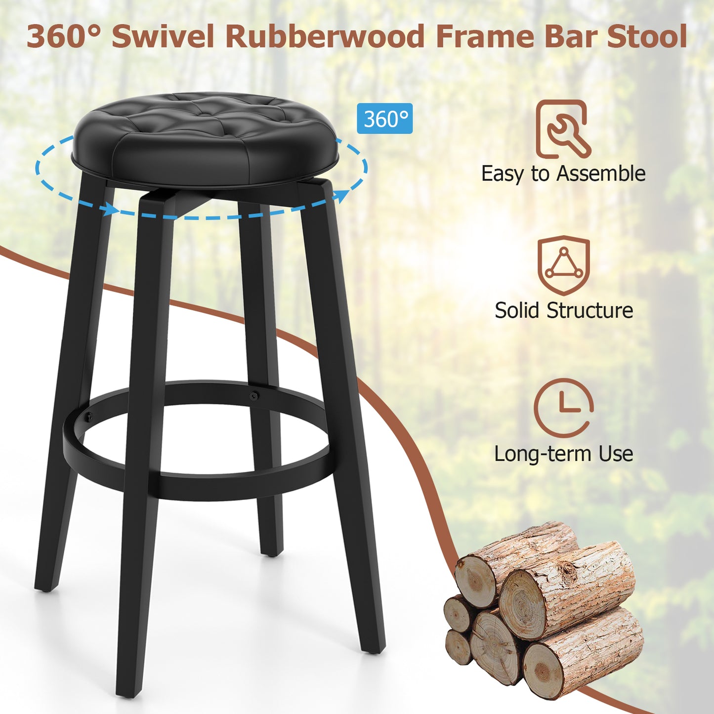 Swivel Upholstered Bar Chairs Set of 2 with Footrest and Solid Rubberwood Frame in Black, 29 Inch