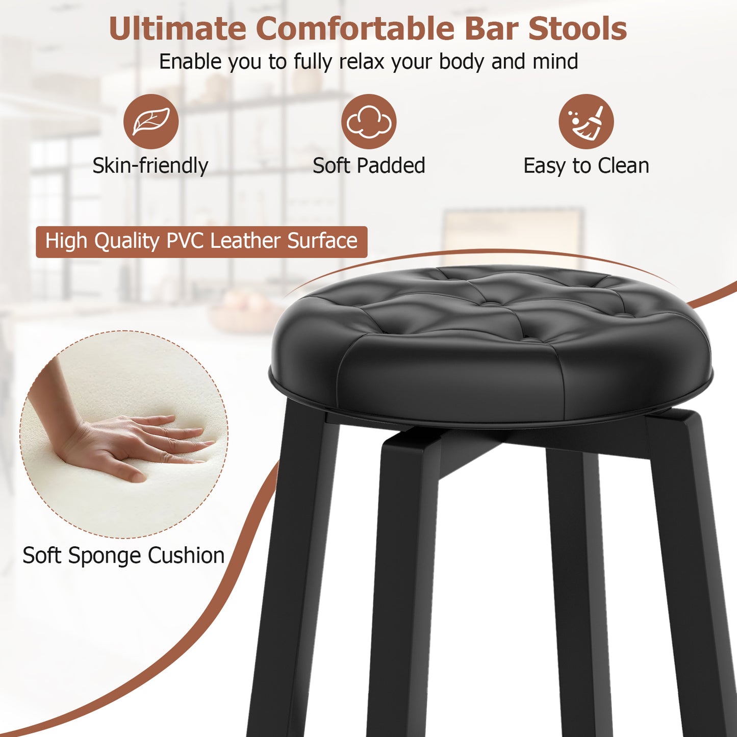 Swivel Upholstered Bar Chairs Set of 2 with Footrest and Solid Rubberwood Frame in Black, 29 Inch