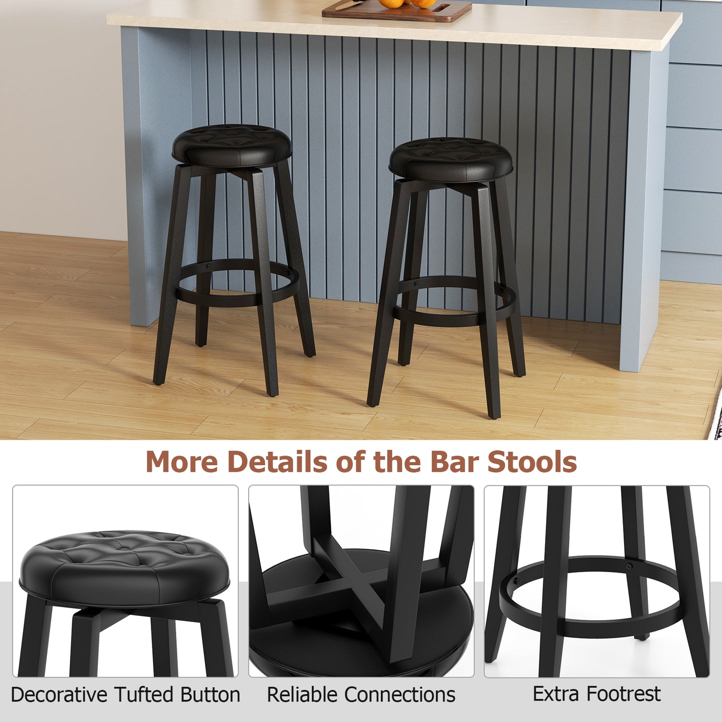 Swivel Upholstered Bar Chairs Set of 2 with Footrest and Solid Rubberwood Frame in Black, 29 Inch